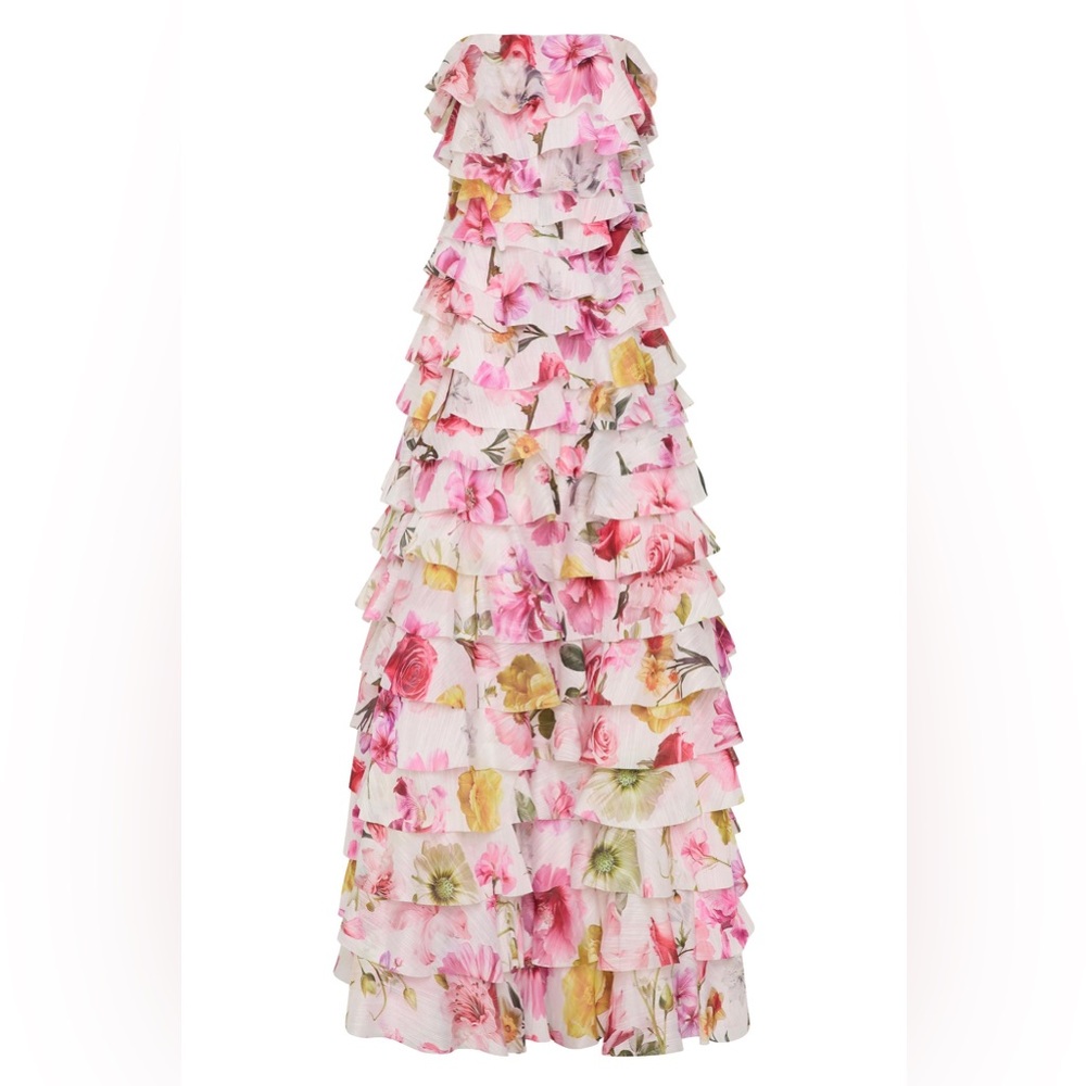 Aje Fleur Pleated Tiered Ruffle Printed Strapless Maxi Gown AU0/US2 NWT